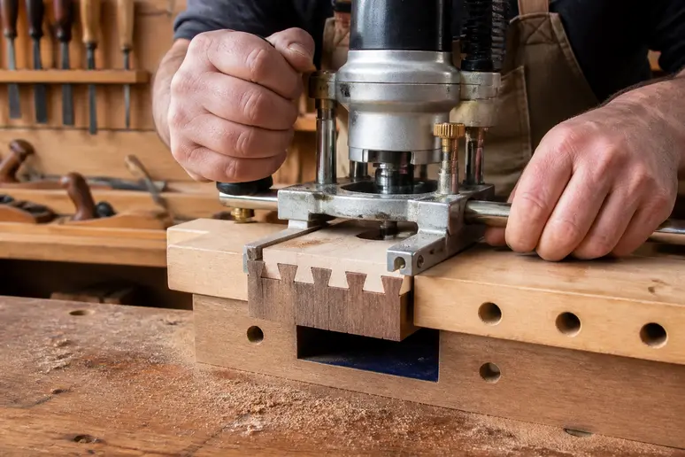 Fabrication d'une queue d'aronde avec défonceuse et gabarit par un artisan.