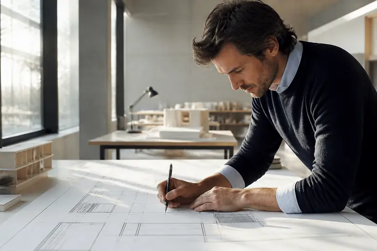 Architecte français esquissant des plans, héritage de robert mallet stevens.