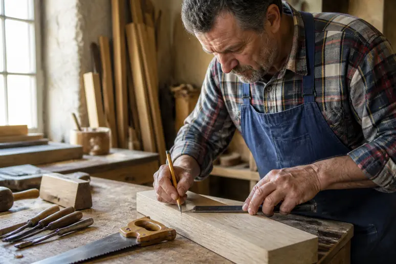 Menuisier français traçant méticuleusement un tenon et une mortaise sur une planche de bois avec des outils traditionnels.