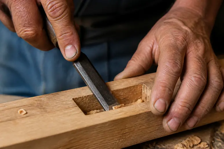 Mains expertes façonnant une mortaise à la main avec un ciseau à bois, précision pour un assemblage tenon et mortaise.