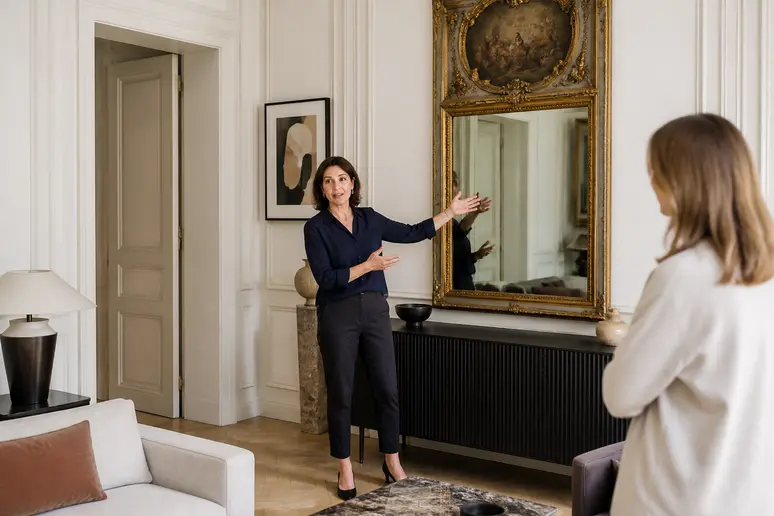 Designer montrant comment un trumeau style Louis XVI modernise une décoration intérieure.