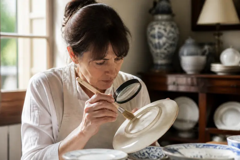 Une collectionneuse examine une ancienne vaisselle Sarreguemines pour identifier le type de matériau.