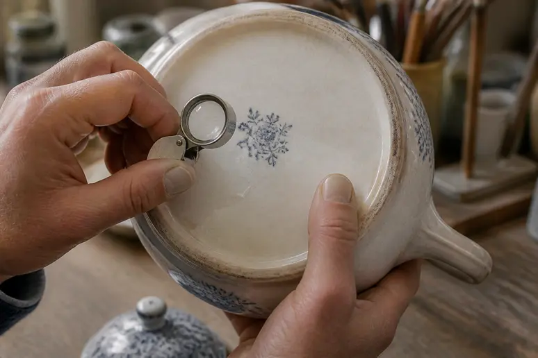 Expert inspectant le marquage d'une vaisselle Sarreguemines avec une loupe pour déceler les contrefaçons.