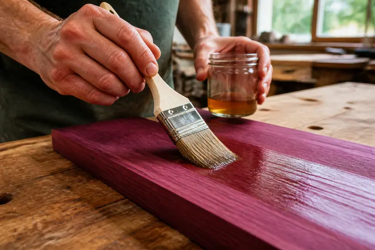 Application d'une finition protectrice sur une planche en amarante bois pour stabiliser sa teinte violette