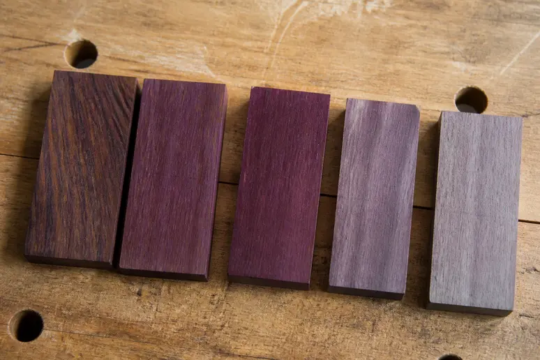 Échantillons d'amarante bois présentant des nuances brunes et ternies par une exposition prolongée sans protection