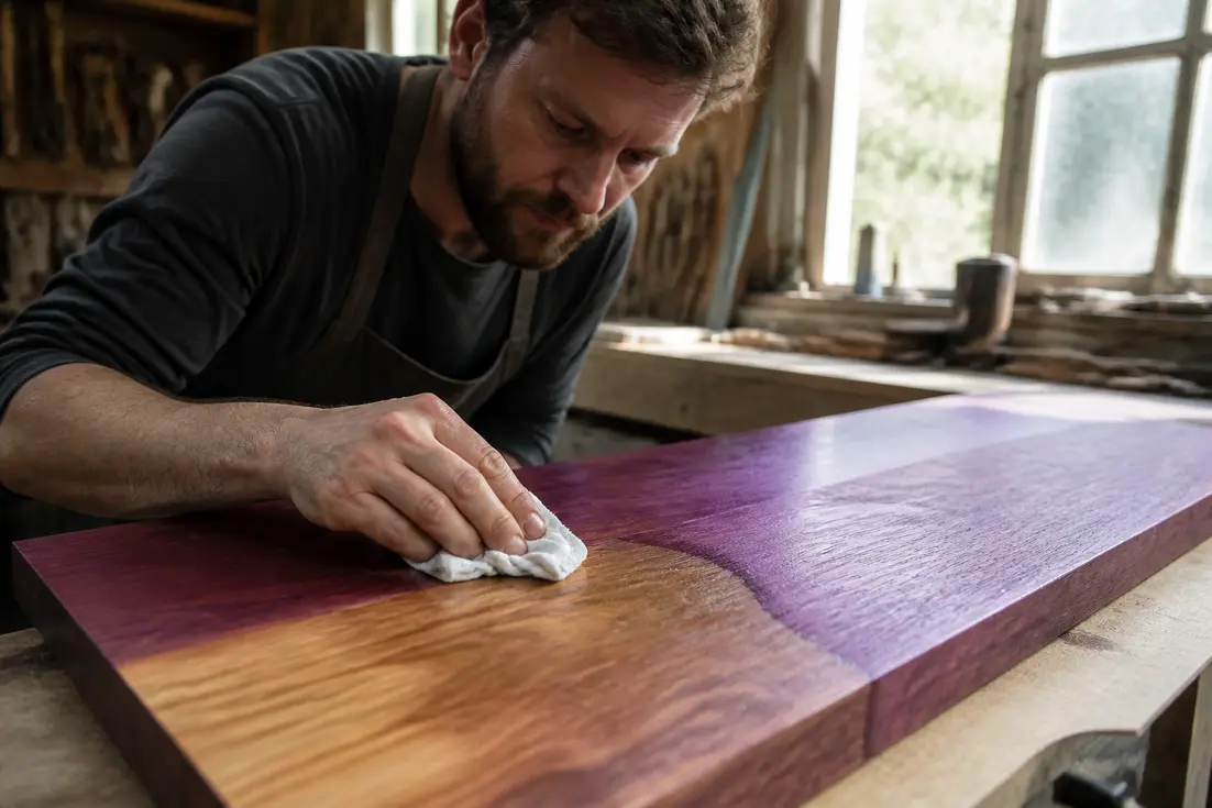 Menuisier appliquant une finition sur une planche de amarante bois dans un atelier lumineux