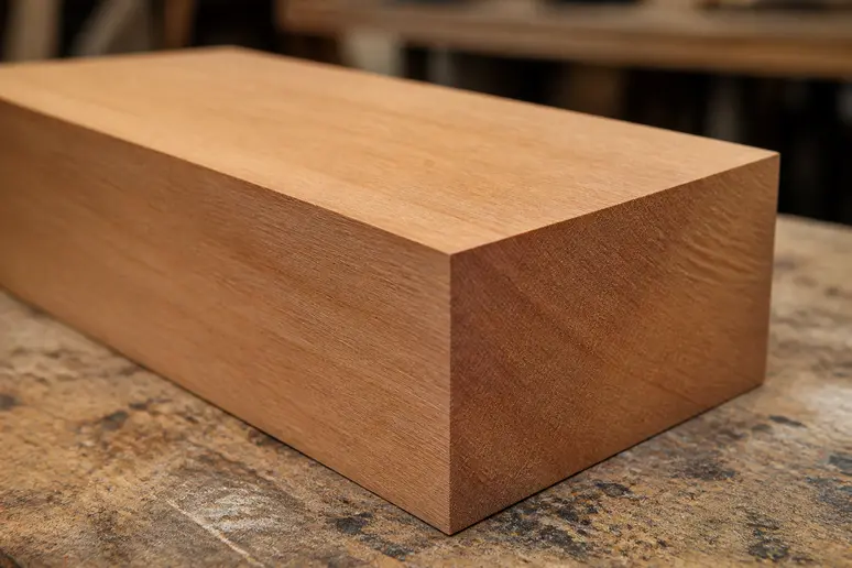 Plan rapproché d'une planche de bois d'aulne montrant son grain fin et sa couleur claire.