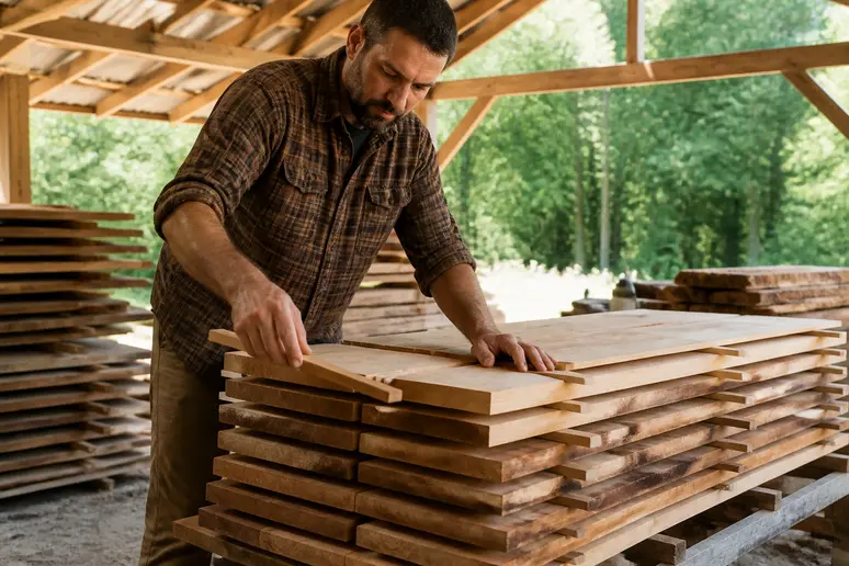 Empilage de planches de bois d'aulne avec des tasseaux pour assurer une bonne ventilation.