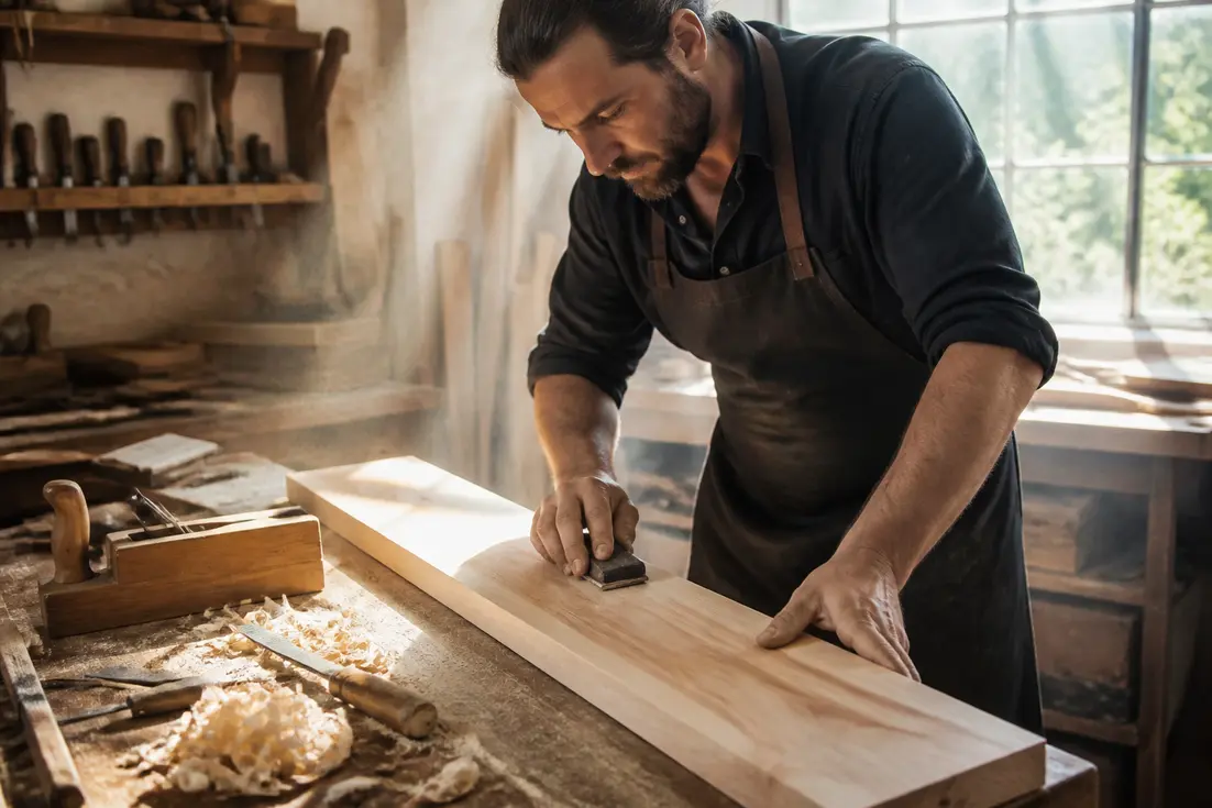 Artisan ponçant une planche d'aulne bois dans un atelier lumineux