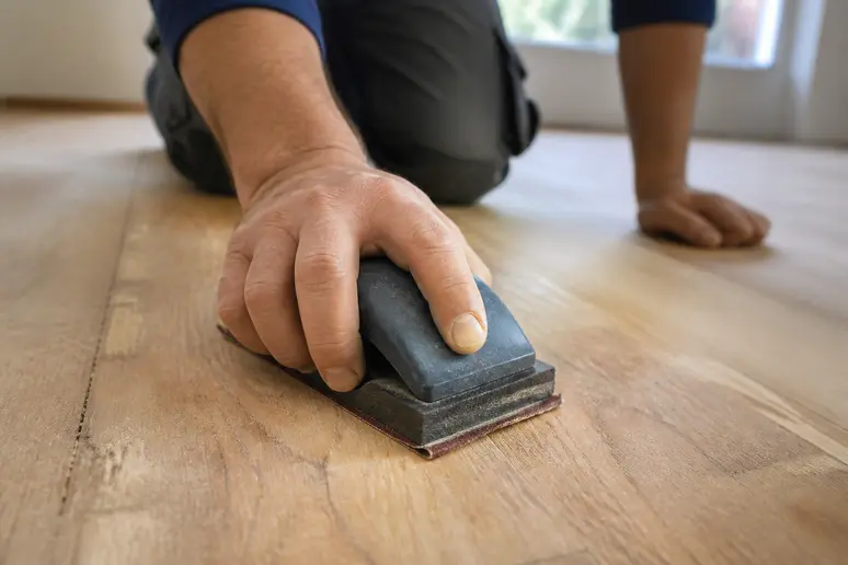 Ponçage progressif d'un parquet en bois avant l'application d'une teinte bois blanchi