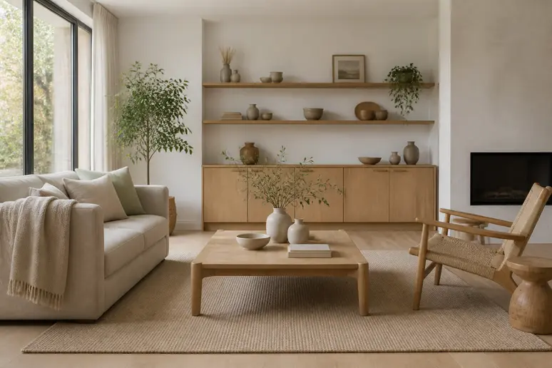 Mobilier en bois blanchi associé à des textiles en lin dans un salon lumineux