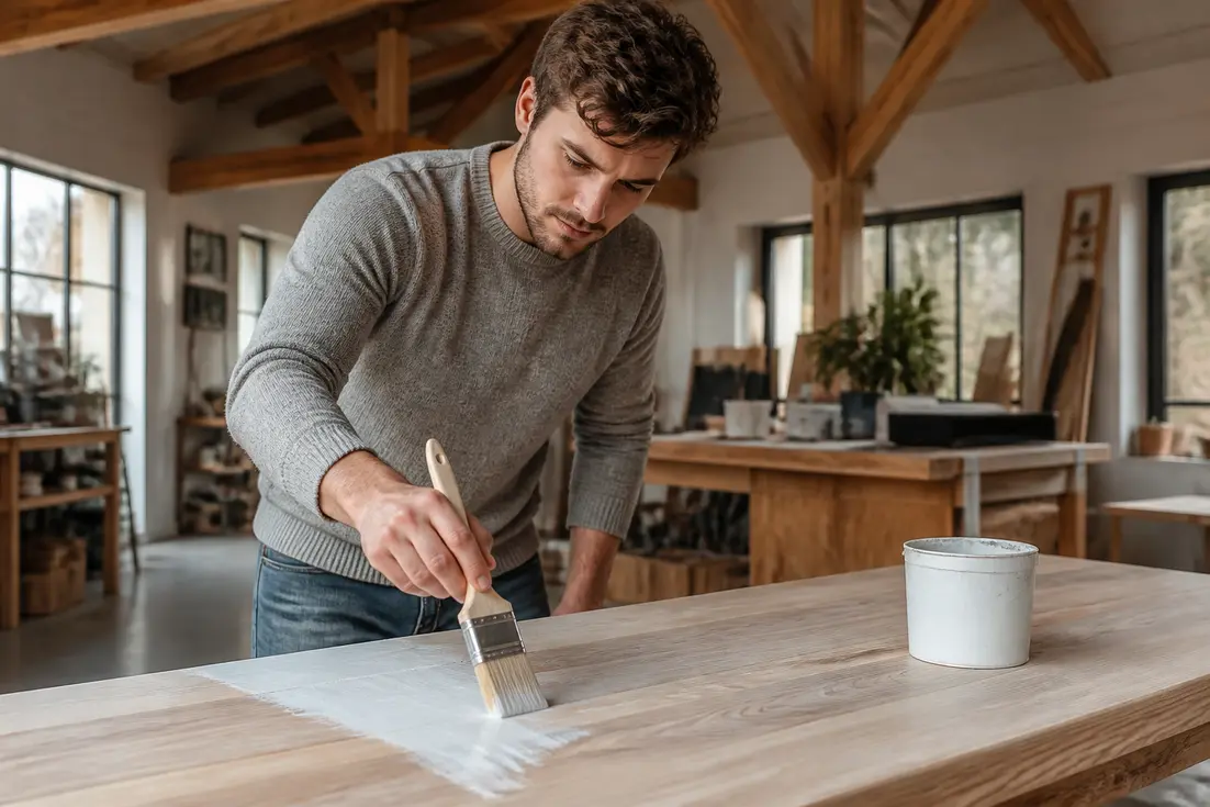 Application d'une finition claire sur un meuble en bois blanchi dans un atelier lumineux