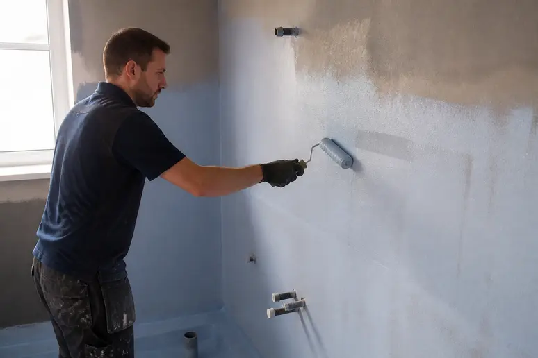 Application d'une protection étanche sur un mur de douche avant la pose de carrelage