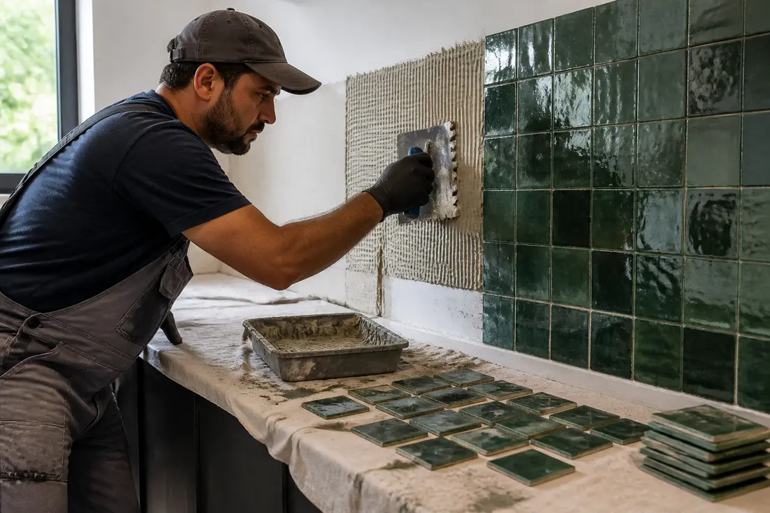 Pose minutieuse de carrelage zellige artisanal sur la crédence d'une cuisine moderne lumineuse