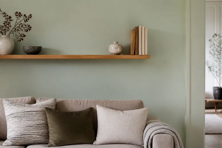 Mur peint en vert céladon avec une étagère en chêne clair dans un salon lumineux