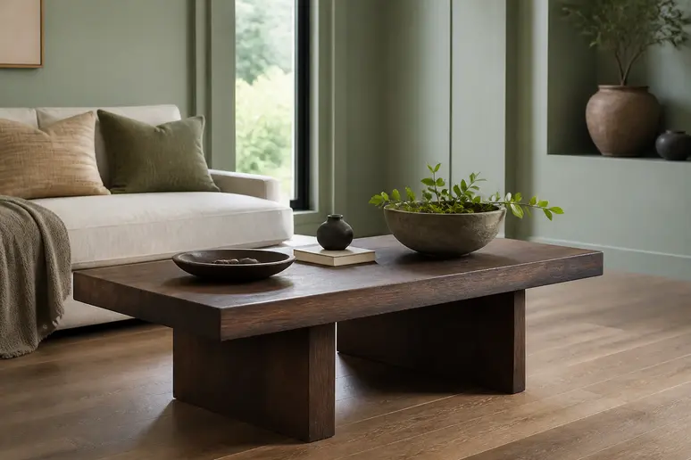 Table basse en bois foncé installée près d'un mur aux nuances vert céladon dans le salon