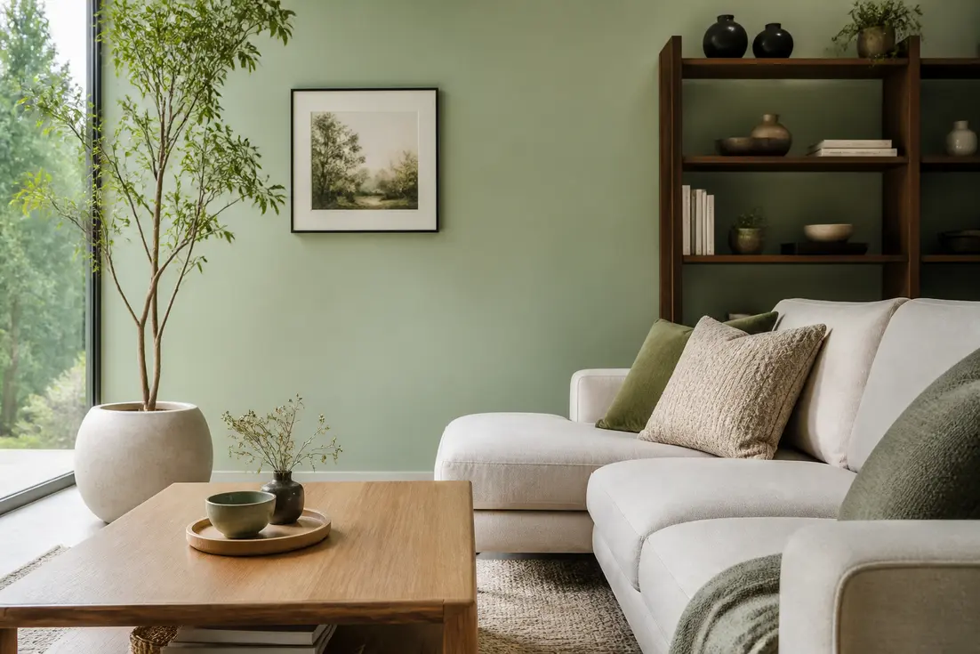 Un salon lumineux avec un mur peint en couleur celadon et des meubles en bois clair