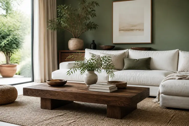 Mobilier en bois couleur noyer mis en valeur par un mur vert sauge et des tons neutres