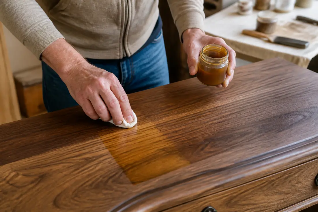 Un artisan compare les nuances de couleur noyer sur un meuble en bois clair.