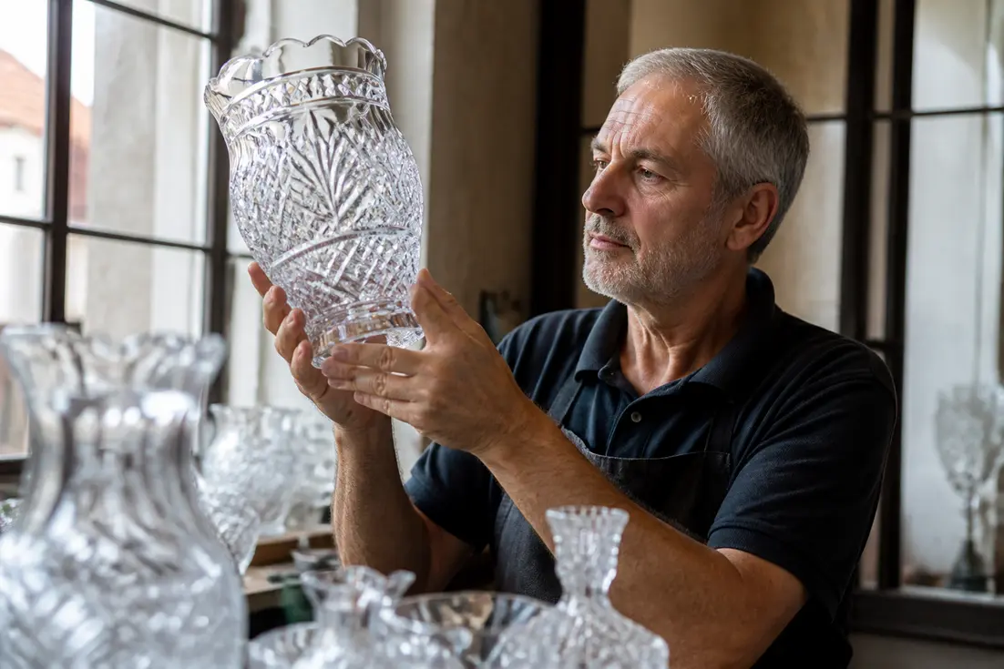 artisan examinant un magnifique vase en cristal de boheme dans un atelier lumineux