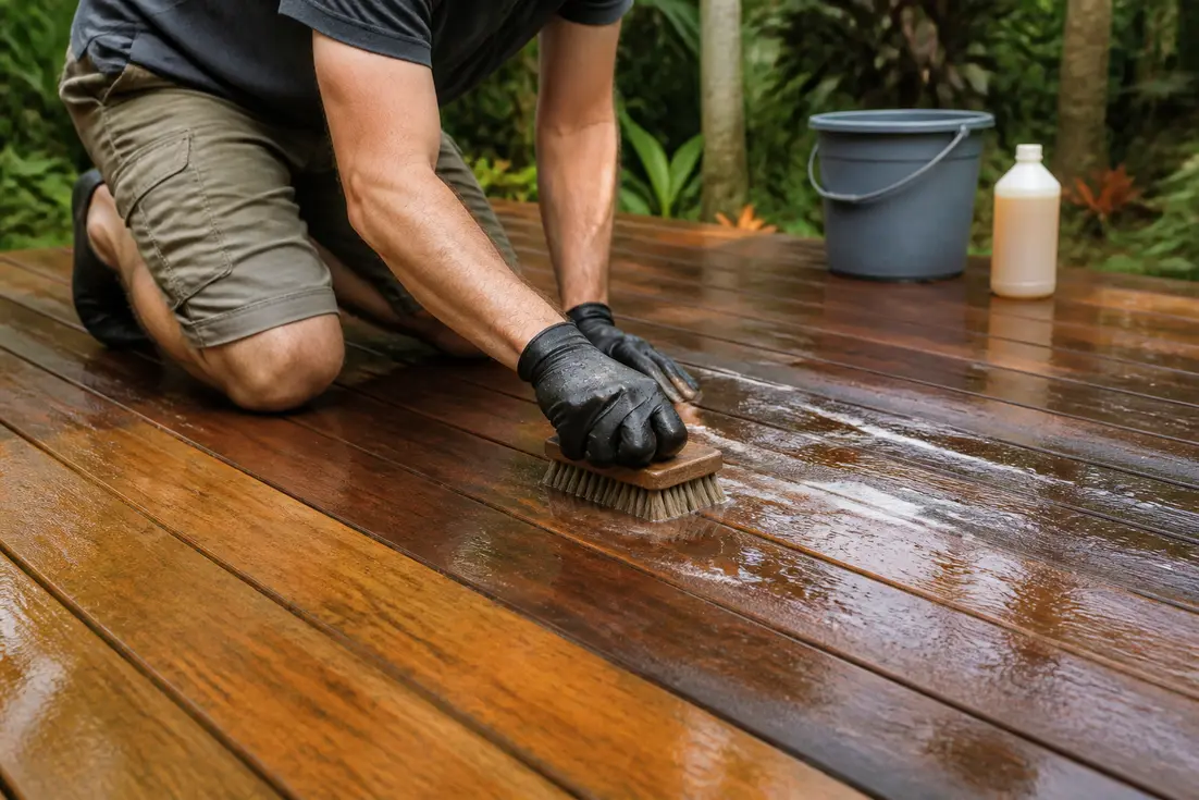 Bricoleur nettoyant une terrasse en bois exotique avec un degriseur terrasse et une brosse.