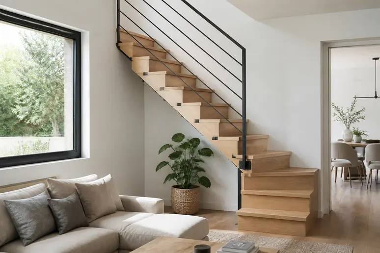 Escalier quart tournant en bois clair installé contre un mur dans un salon moderne