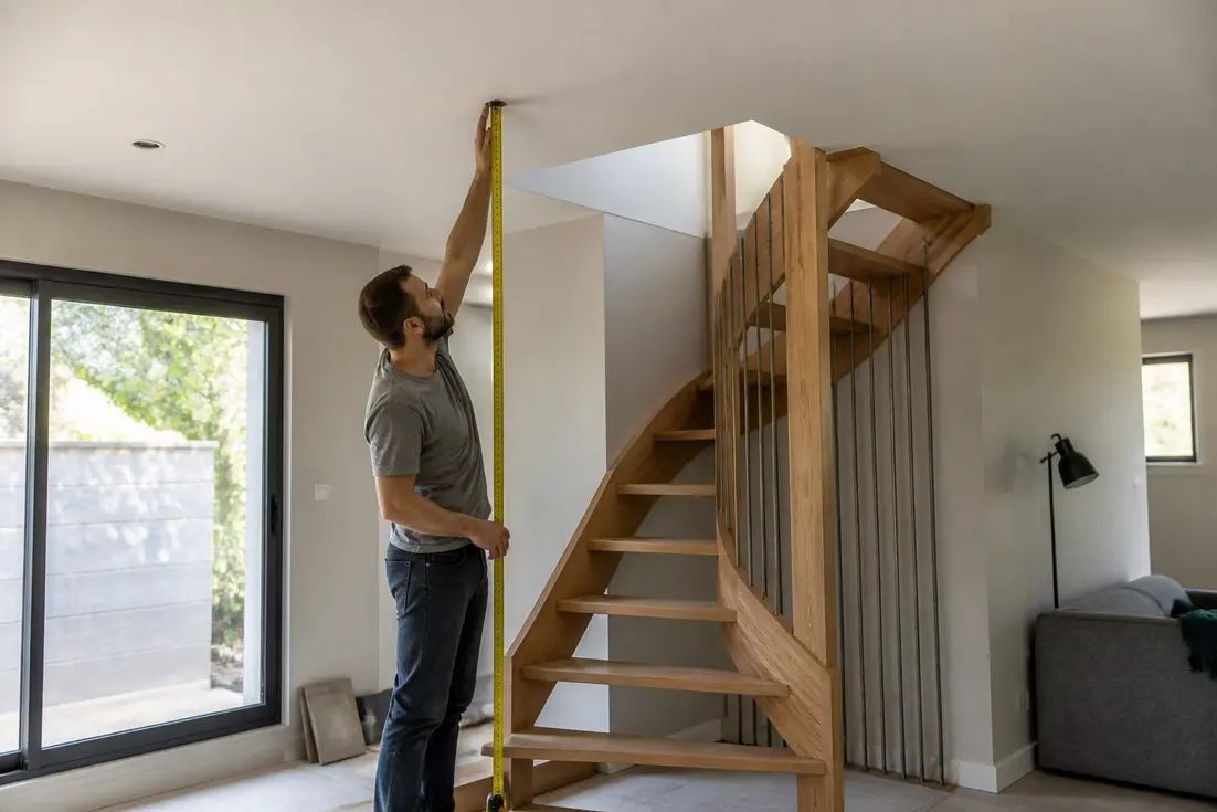 Un homme mesurant l'espace pour escalier choisir pour design et gain de place dans un salon moderne