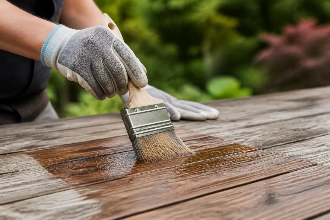 application de lasure chene clair au pinceau sur une terrasse en bois exterieure