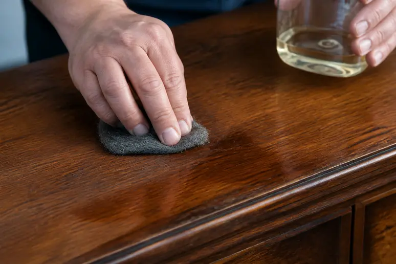 Main appliquant de l'essence de térébenthine sur un meuble en bois ciré avec de la laine d'acier.