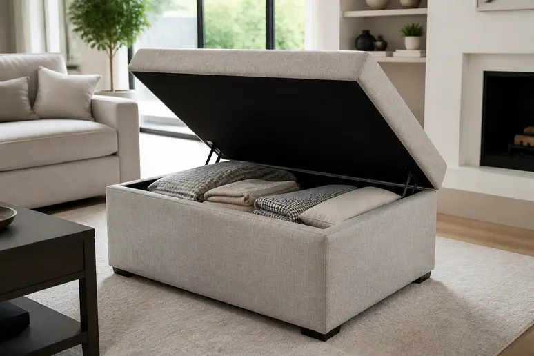 Ottoman meuble avec coffre de rangement ouvert dans un salon lumineux