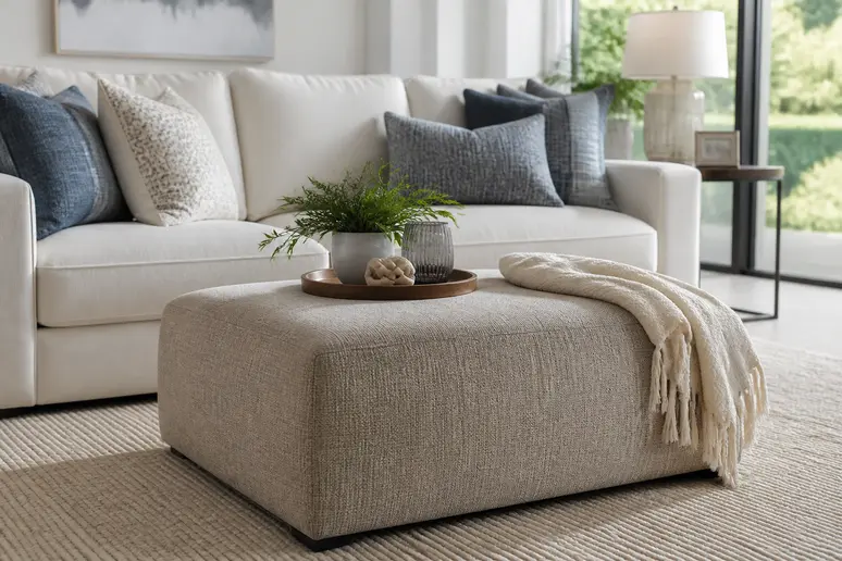 Ottoman meuble design utilisé comme repose-pieds dans un salon moderne