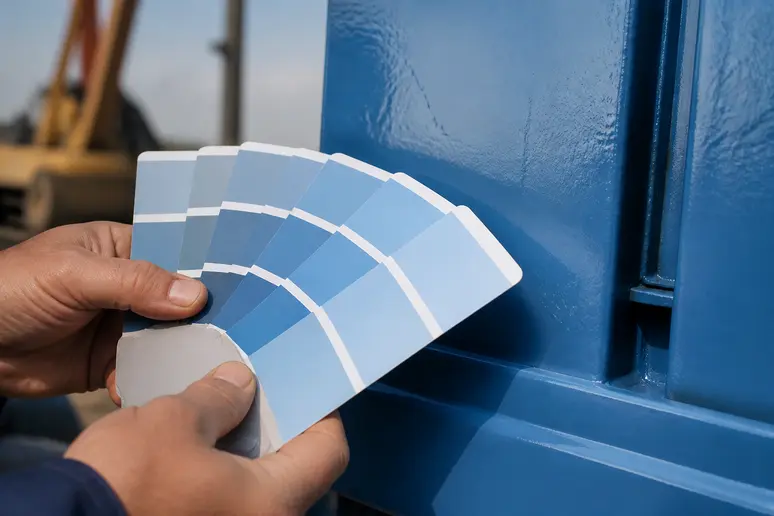Un nuancier RAL classic tenu à la main pour identifier un code de ral bleu
