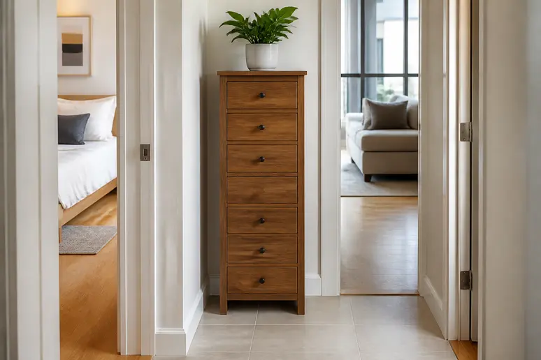 Semainier compact en bois installé dans un couloir étroit d'appartement pour optimiser le rangement.