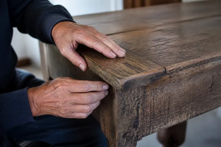 Mains d'un artisan inspectant le plateau en bois brut d'une table de ferme ancienne