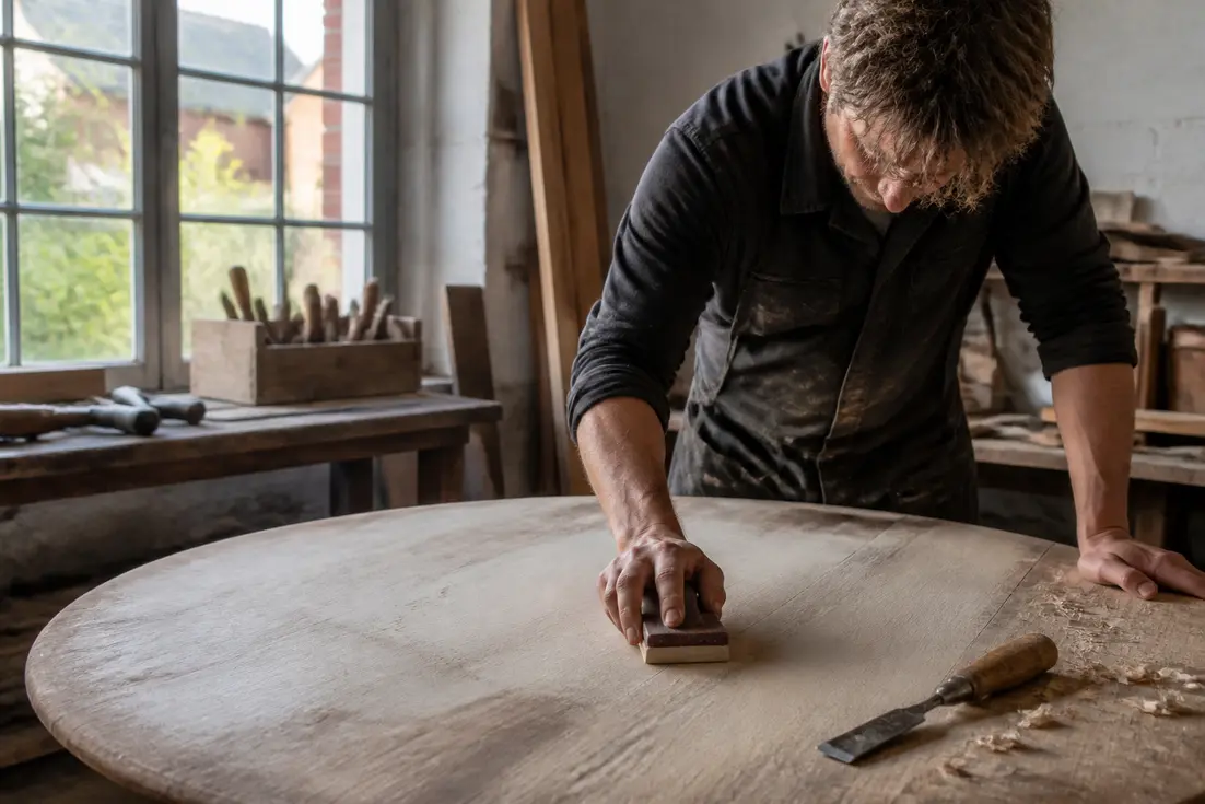 Artisan ponçant le plateau en bois d'une table de ferme ancienne dans son atelier lumineux.