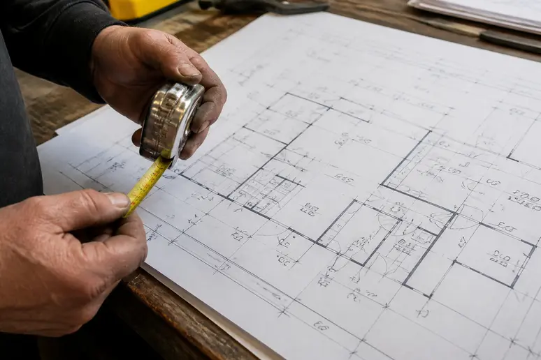 Mains d'un bricoleur utilisant un mètre ruban à côté d'un plan technique coté