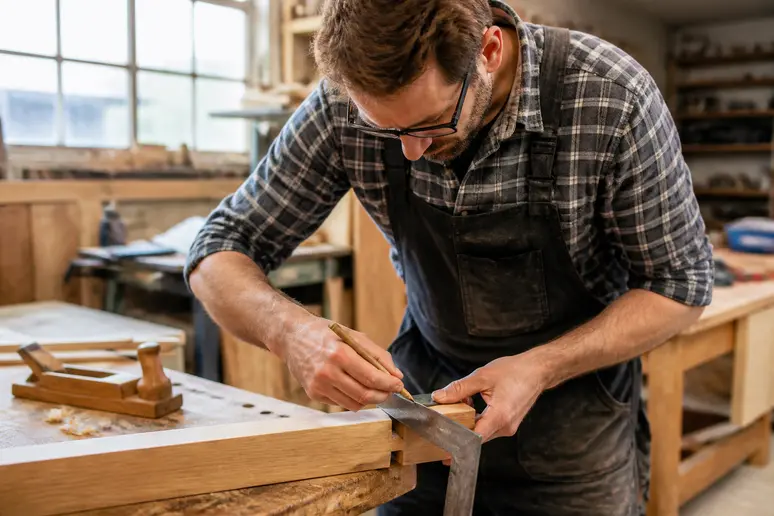 Artisan traçant un repère de positionnement précis sur une planche en bois brut