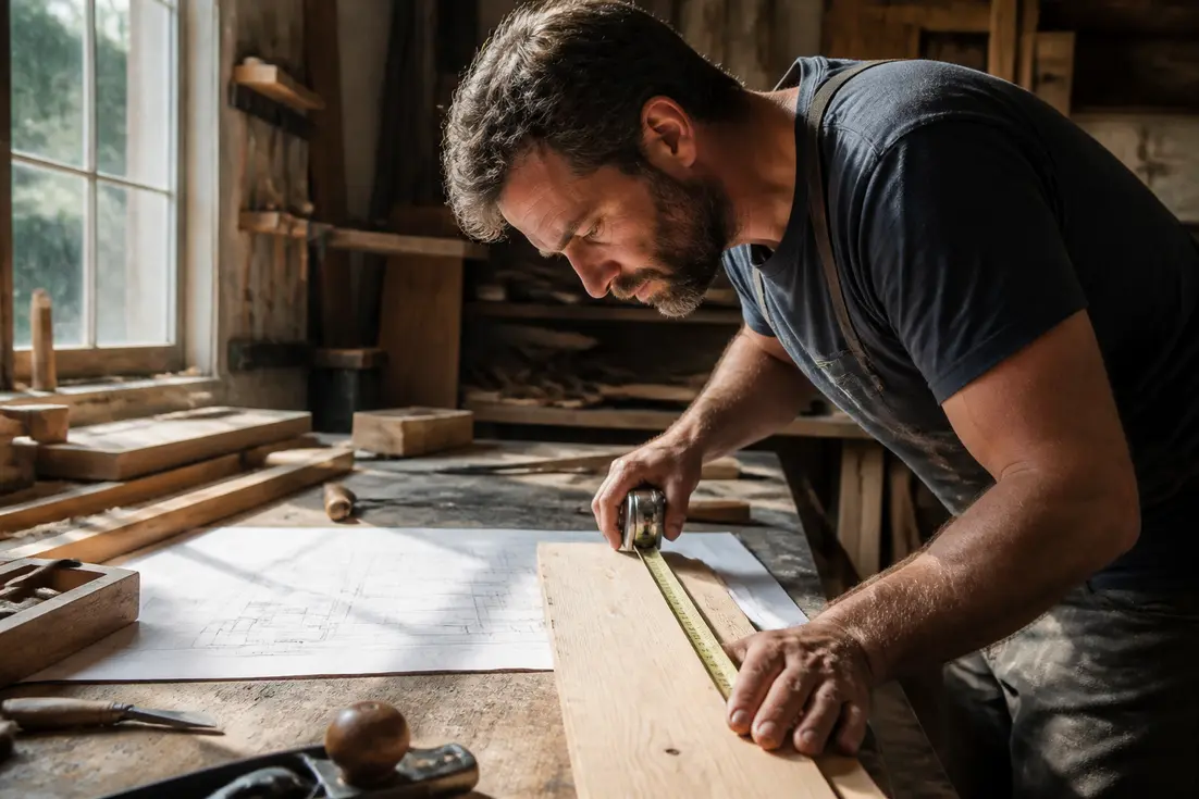 Un bricoleur utilise une cote mesure précise sur un plan de travail en bois dans un atelier lumineux