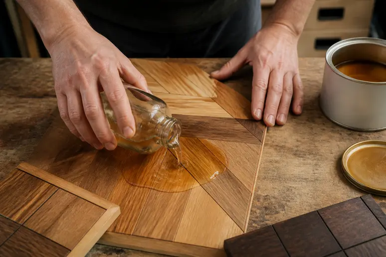 Application d'un vitrificateur sur un échantillon de bois pour comparer sa résistance au vernis parquet.