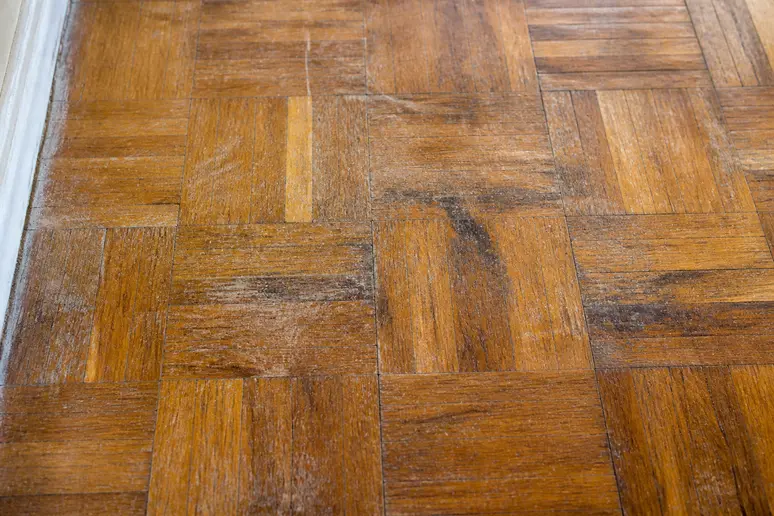 Examen minutieux d'un parquet ancien présentant des traces d'usure avant l'achat d'un vernis parquet.