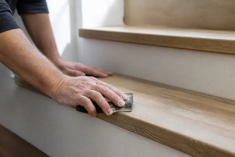 Mains ponçant légèrement une marche d'escalier en bois pour préparer la vitrificateur pour escalier.