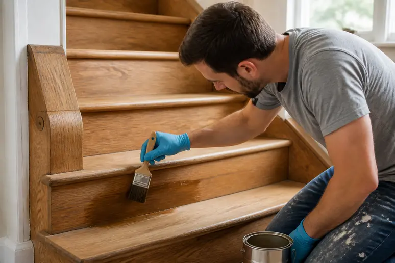 Application d'un vitrificateur pour escalier au pinceau sur une marche en bois.