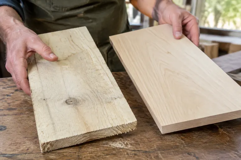 Artisan comparant une planche et un panneau de bois de peuplier dans son atelier