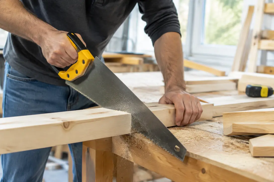 Un artisan découpe une planche de bois de peuplier dans son atelier lumineux pour un projet de rénovation.