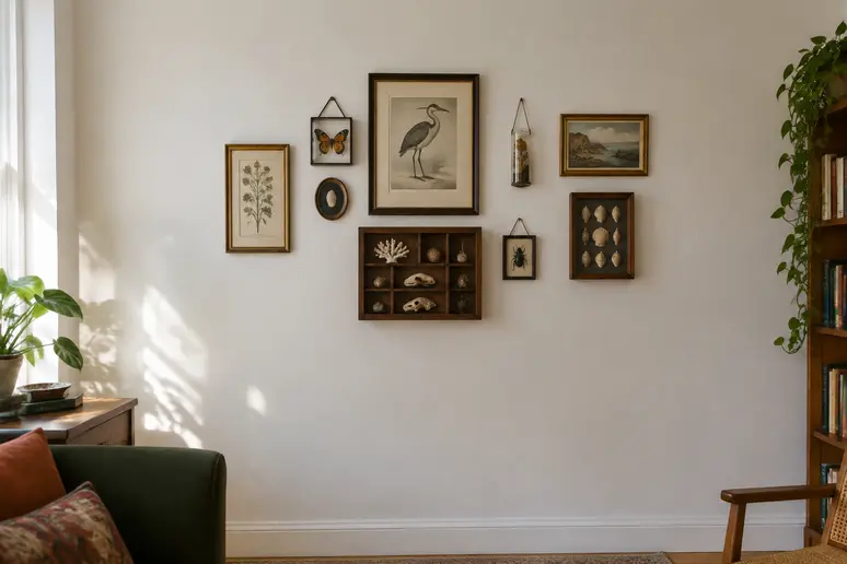 Mur d'un cabinet de curiosités avec des cadres et objets suspendus à hauteur des yeux