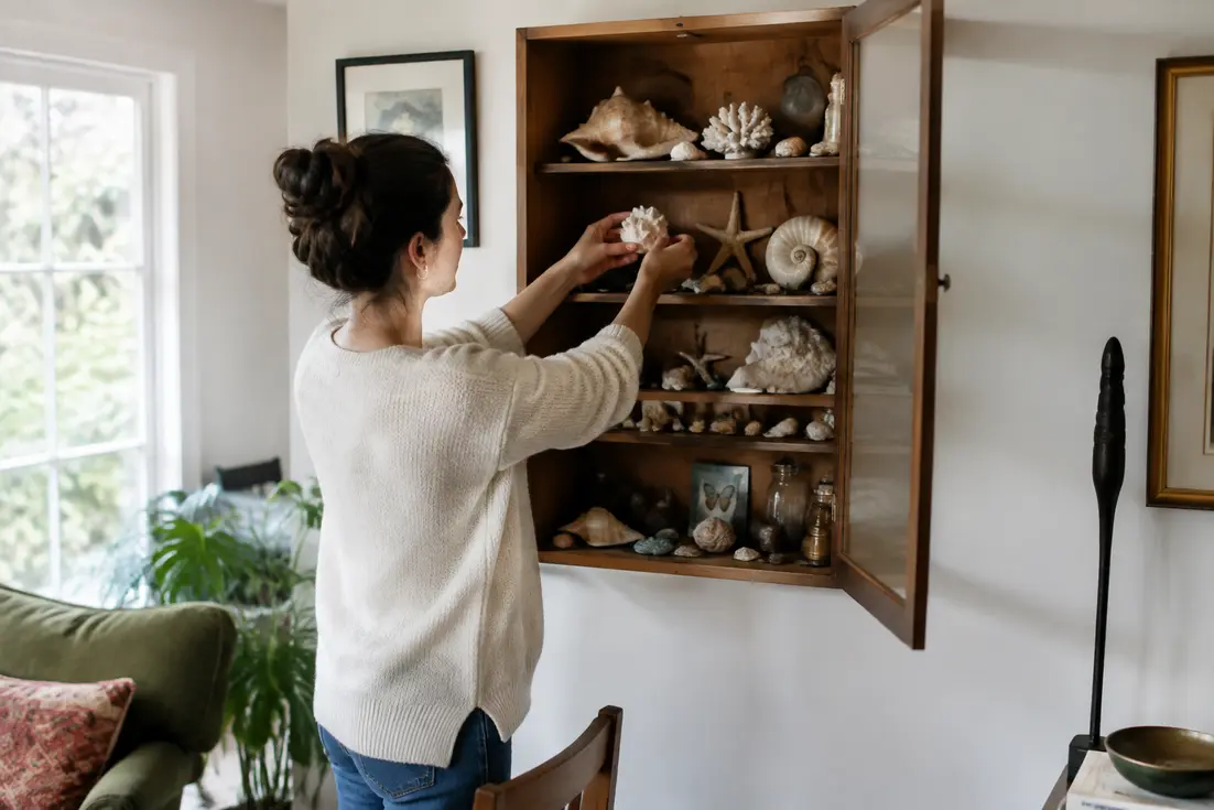 Aménagement minutieux d'un cabinet curiosité mural en bois dans un salon lumineux