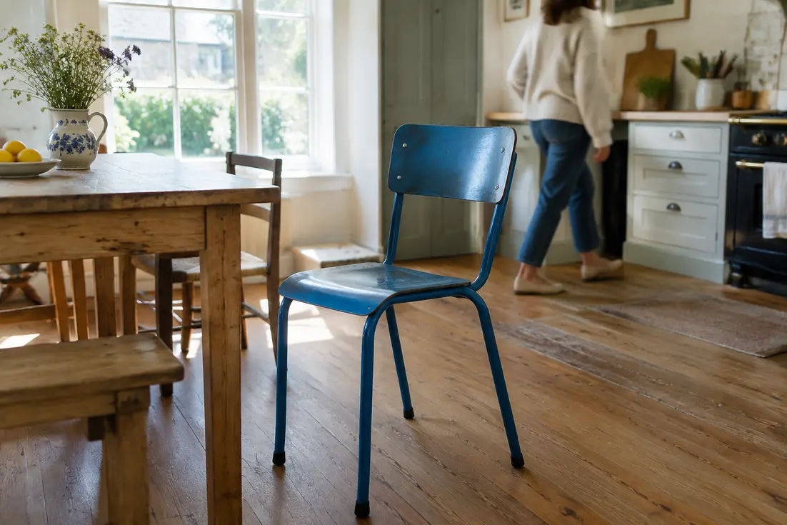 Une authentique chaise Mullca ancienne installée dans une cuisine lumineuse au sol en bois.