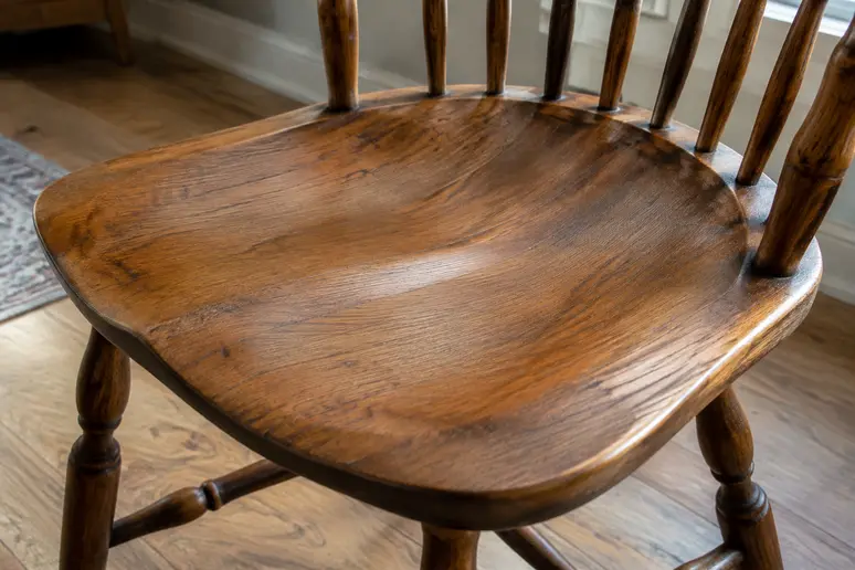 Assise en bois sculpté et galbée d'une chaise Windsor traditionnelle vue en gros plan
