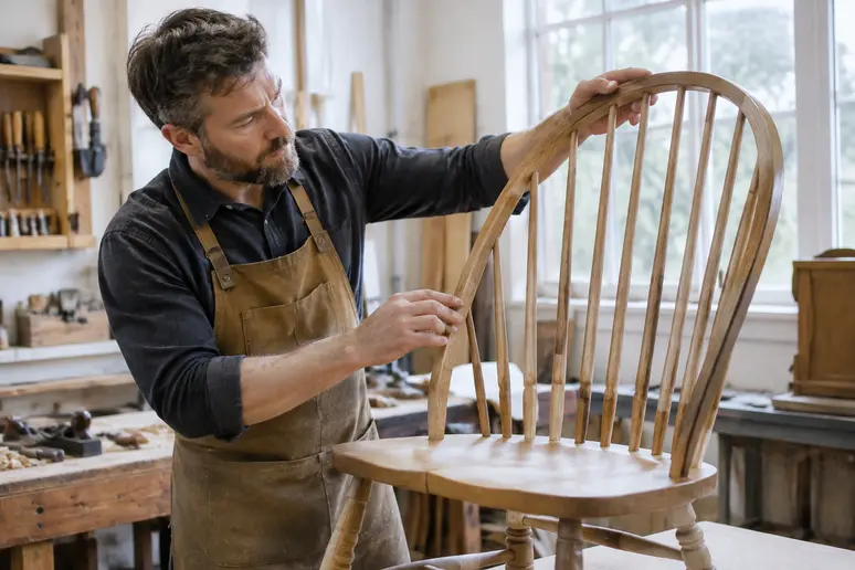 Dossier à fines baguettes et structure assemblée d'une chaise Windsor traditionnelle en bois