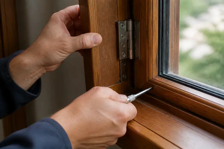 Inspection minutieuse des joints et des ferrures d'une menuiserie en bois par un professionnel